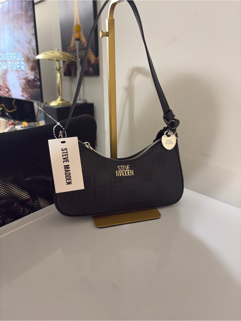 Steve Madden Black Mini Shoulder Bag with Logo Charm